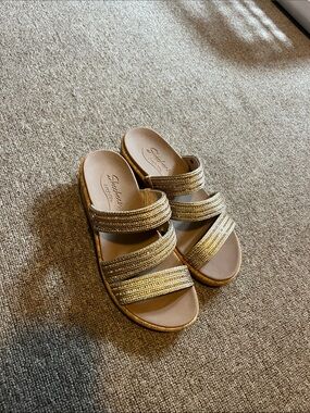 Skechers Women's Metallic Gold Triple-Strap Slide Sandals